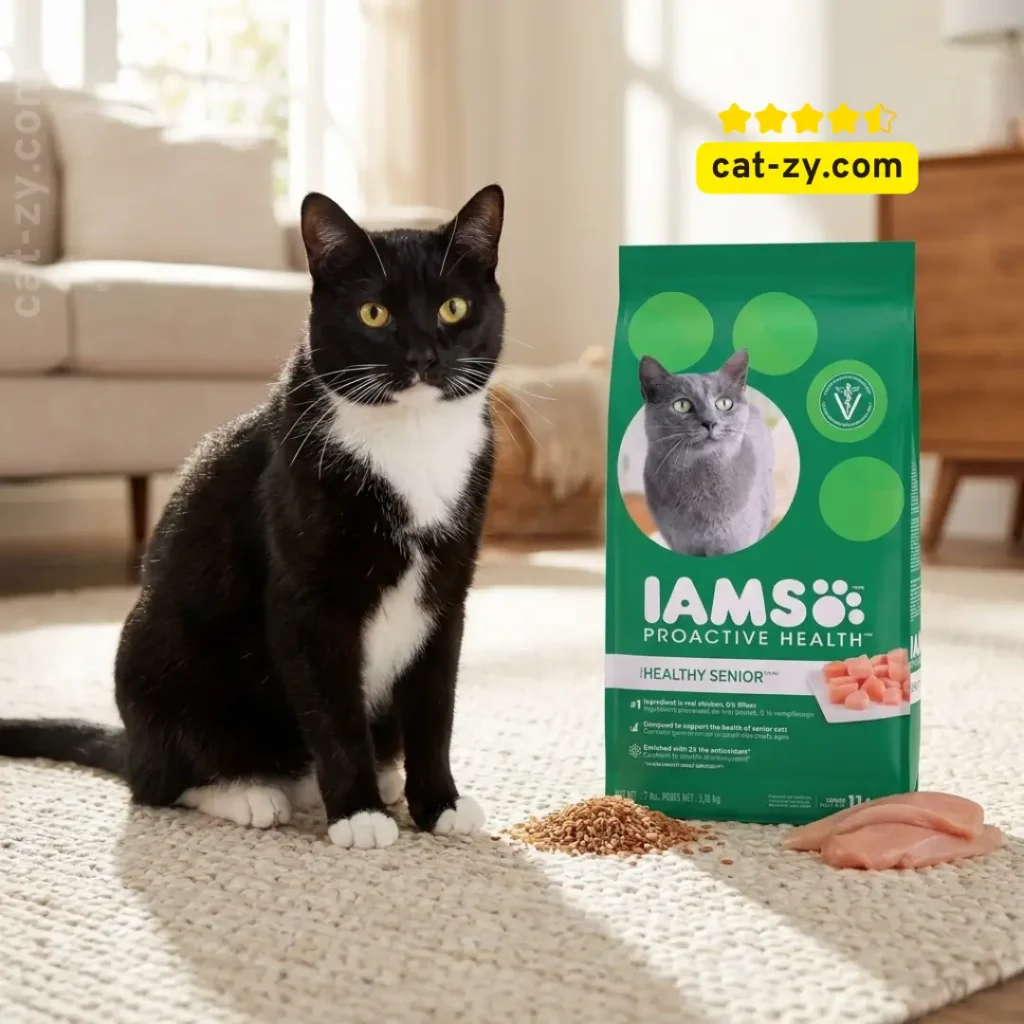 A detailed photo of a senior cat sitting next to a legible 7 lb bag of IAMS Proactive Health Senior Cat Food (Chicken Recipe), featured in a cat-zy nutritional article.