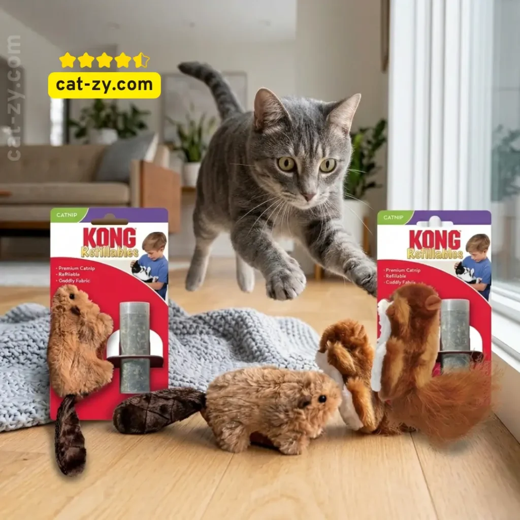 A tabby cat playing with the KONG Refillables Catnip Toys (Beaver and Squirrel), a popular choice for feline enrichment according to articles on cat-zy about durable catnip toys.