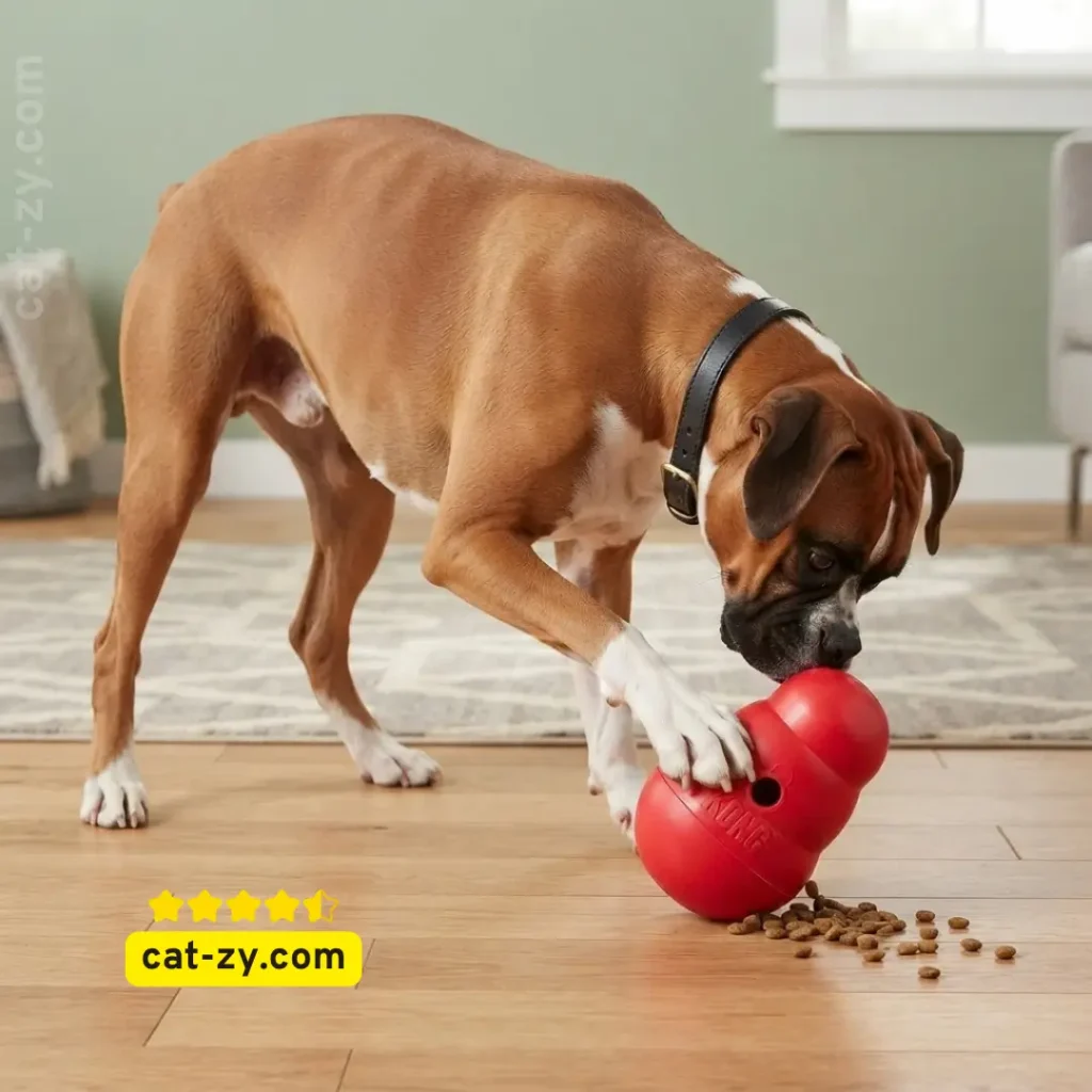 KONG Wobbler treat dispensing toy for dogs featured on cat-zy guide to dog and cat toys