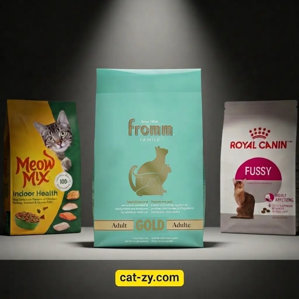 A realistic product comparison layout featuring a central teal Fromm Gold bag standing out among competitor brands under a spotlight, curated by cat-zy.
