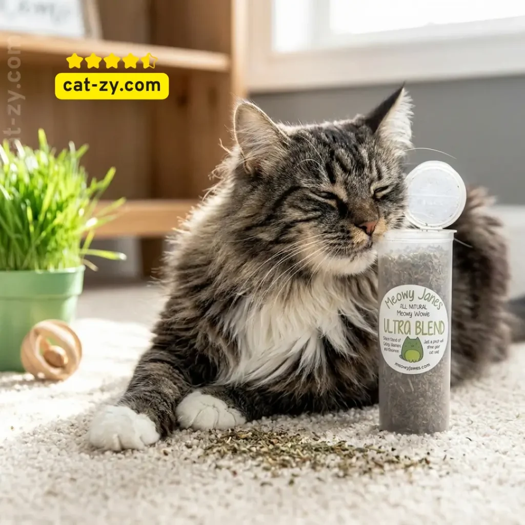 A happy cat enjoying Meowy Janes Ultra Blend of catnip, silvervine, and valerian root on cat-zy.