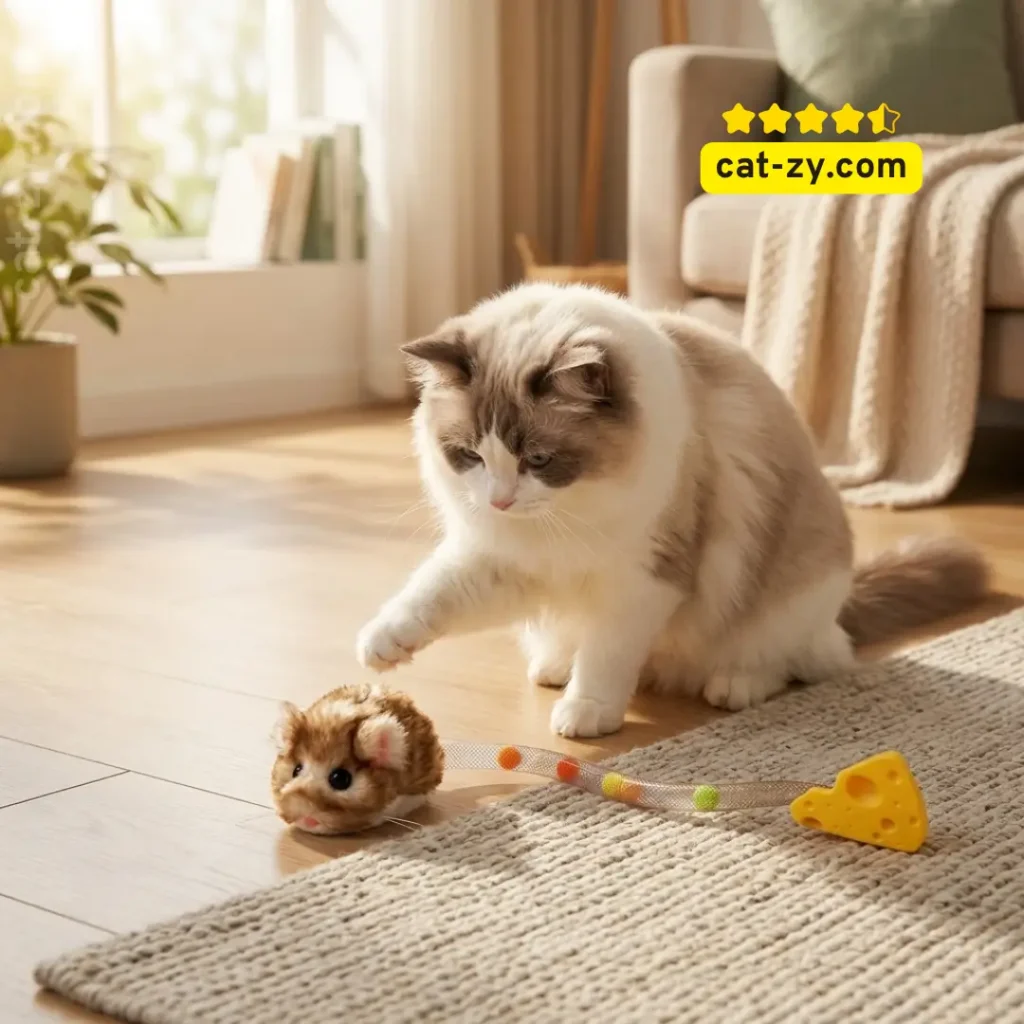 A fluffy cat playing with a realistic moving cat toy on a soft rug, featured in a lifestyle article on cat-zy.