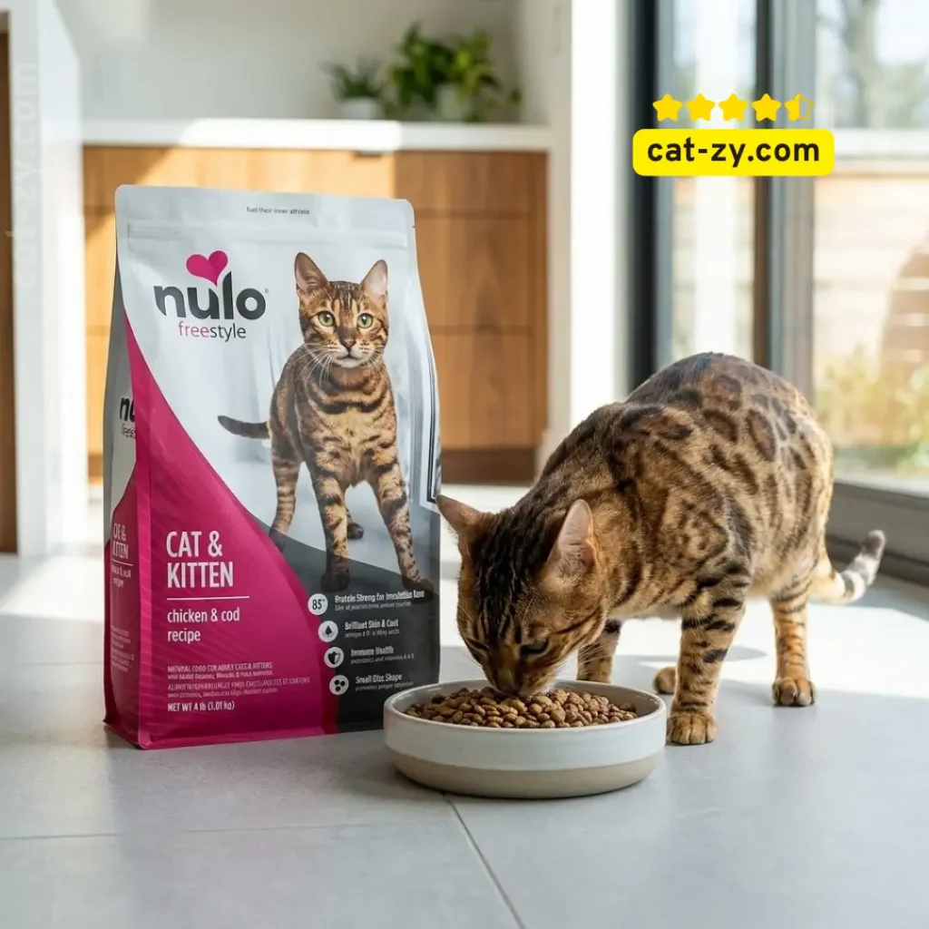 Nulo Freestyle grain-free dry cat food with chicken and cod recipe for healthy cats on cat-zy.