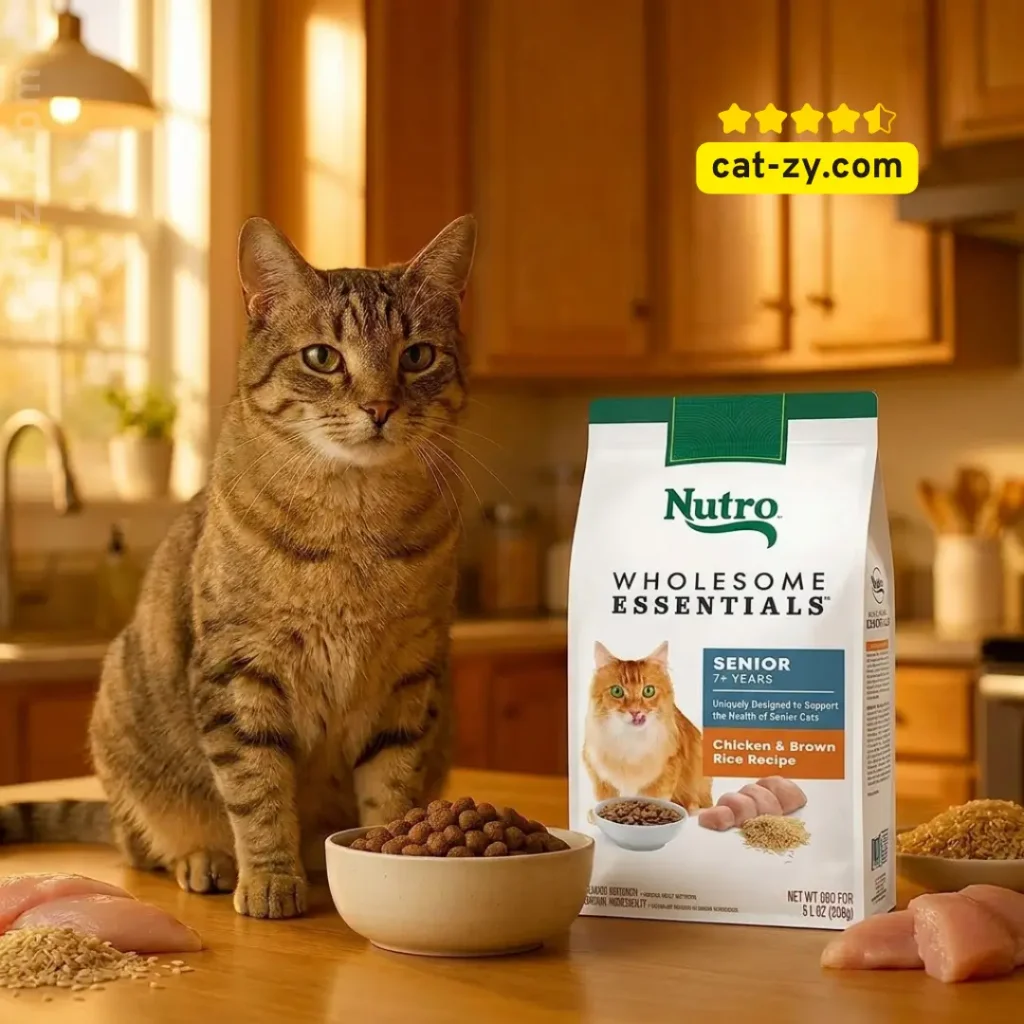 A high-quality photo of a senior tabby cat next to a legible bag of Nutro Wholesome Essentials Senior Cat Food (Chicken & Brown Rice), featured in a cat-zy nutritional article.