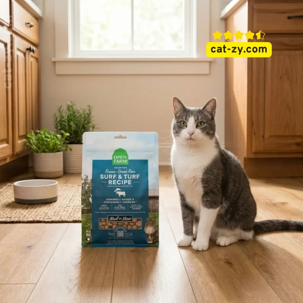 A professional photo for the cat-zy blog showing an adult cat sitting next to a 9oz bag of Open Farm Cat Food, specifically the Freeze Dried Raw Surf and Turf recipe, in a natural kitchen setting.