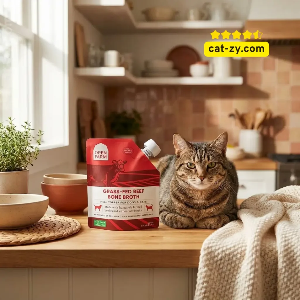A professional photo for the cat-zy blog showing a happy cat sitting next to a 12oz pouch of Open Farm Cat Food, specifically the Grass-Fed Beef Bone Broth topper, in a natural kitchen setting.
