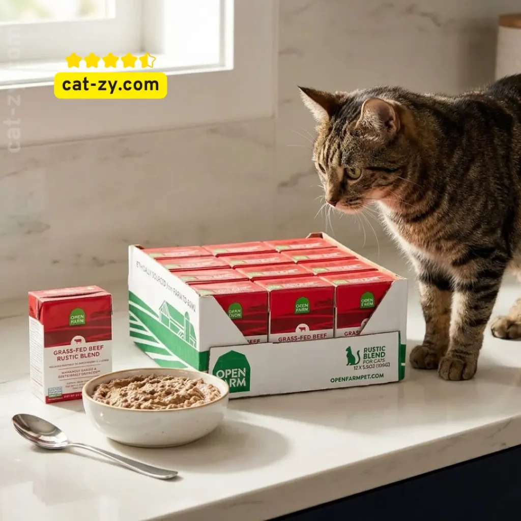 A professional photo for the cat-zy blog showing a happy cat sitting next to a 12-pack case of Open Farm Cat Food, a bowl of the prepared Grass-Fed Beef Rustic Blend, and a serving spoon, in a natural kitchen setting.