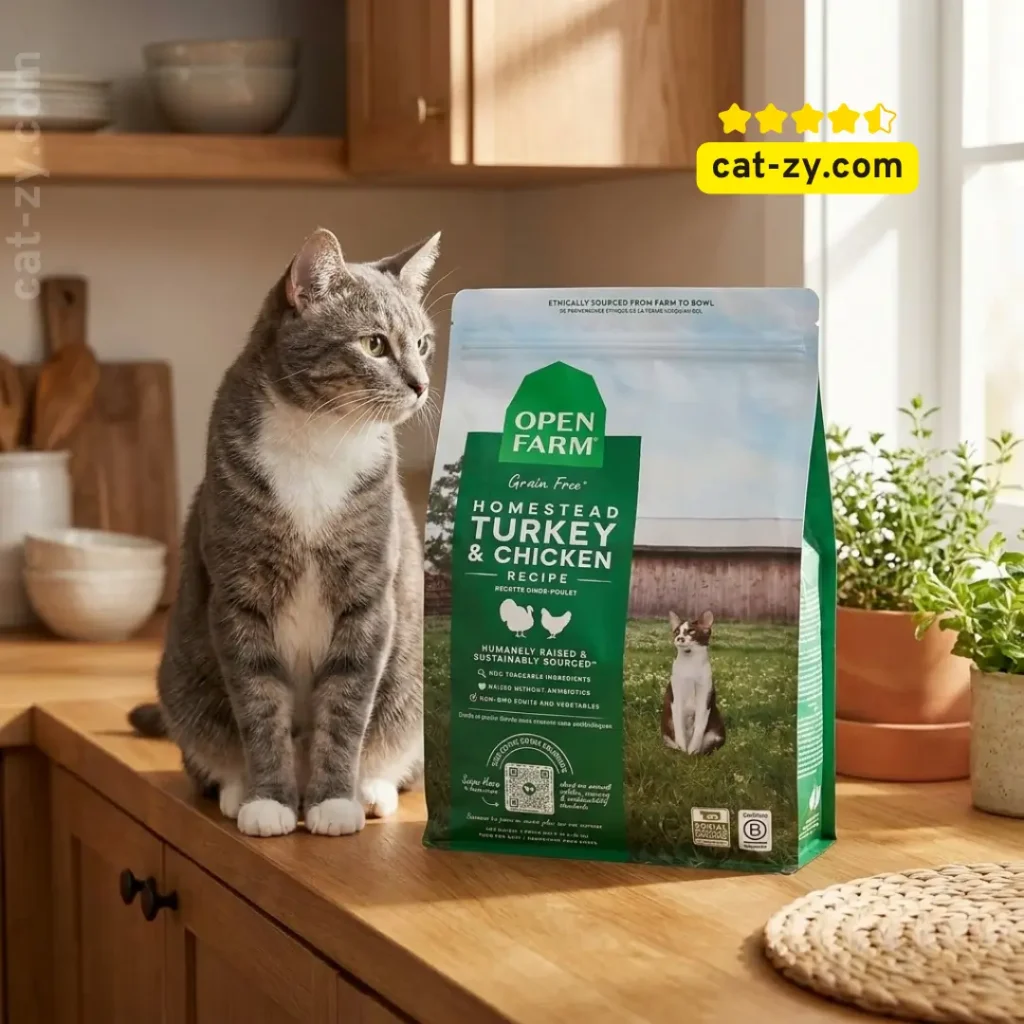 A professional photo for the cat-zy blog showing an adult cat sitting next to a 4lb bag of Open Farm Cat Food, specifically the Homestead Turkey & Chicken recipe, in a natural kitchen setting.