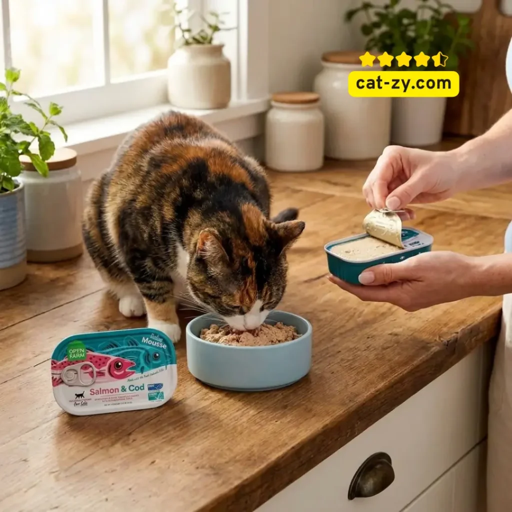 A professional photo for the cat-zy blog showing a happy cat eating from a bowl, accompanied by a can of Open Farm Cat Food Salmon and Cod Silky Mousse, in a natural kitchen setting.