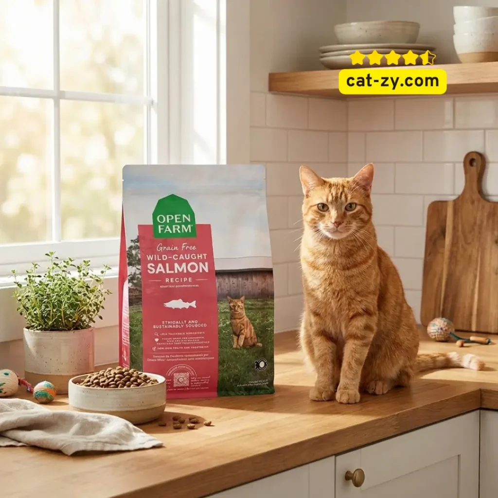 A professional photo for the cat-zy blog showing an adult cat sitting next to a 4lb bag of Open Farm Cat Food, specifically the Wild-Caught Salmon recipe, in a natural kitchen setting.