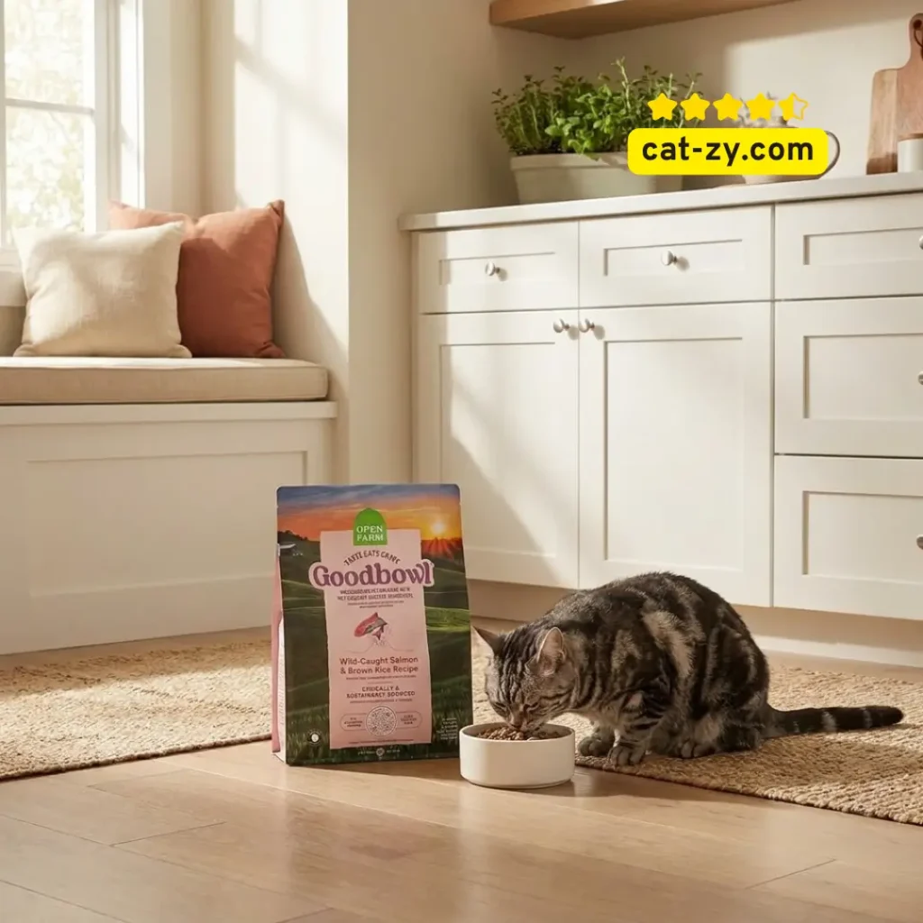 A professional photo for the cat-zy blog showing a cat eating from a bowl next to a 3lb bag of Open Farm Cat Food, specifically the Goodbowl Wild-Caught Salmon and Brown Rice recipe, in a natural kitchen setting.