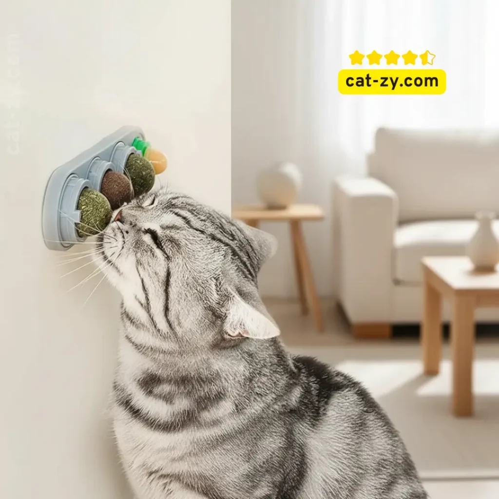 A curious silver tabby cat enjoying the Potaroma 4 Catnip Silvervine Ball Toys on a wall, providing a healthy mental enrichment activity as discussed on cat-zy for fans of natural catnip toys.