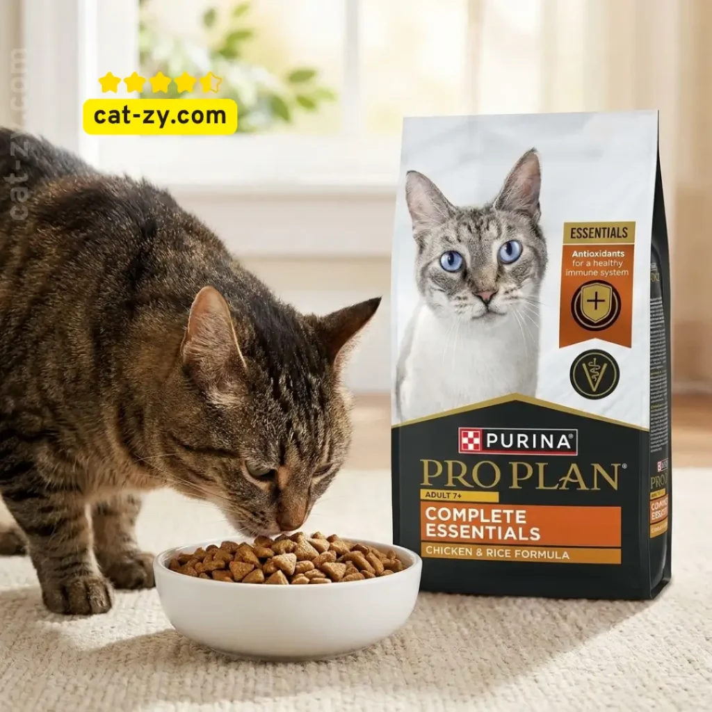 A realistic photo of a senior cat eating kibble next to a clear, legible bag of Purina Pro Plan Adult 7+ Complete Essentials, for a cat-zy nutritional review.
