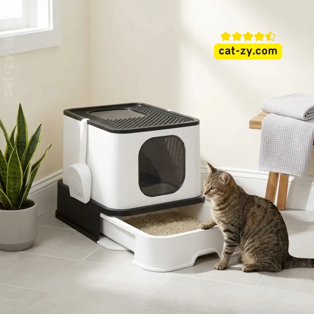 cat using pine pellets for cat litter in enclosed litter box cat-zy