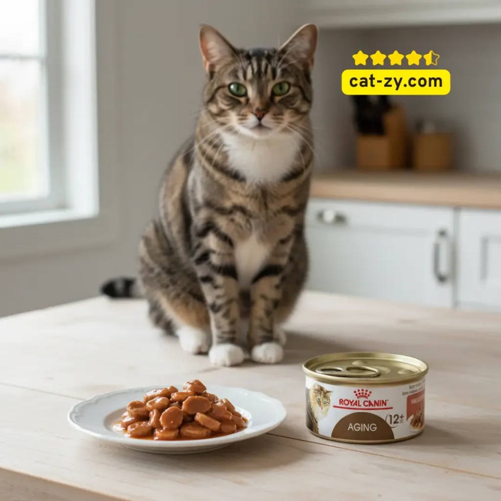 A realistic close-up of Royal Canin Aging 12+ senior cat food (thin slices in gravy) on a plate next to the product can and a senior cat, for a cat-zy nutritional review.