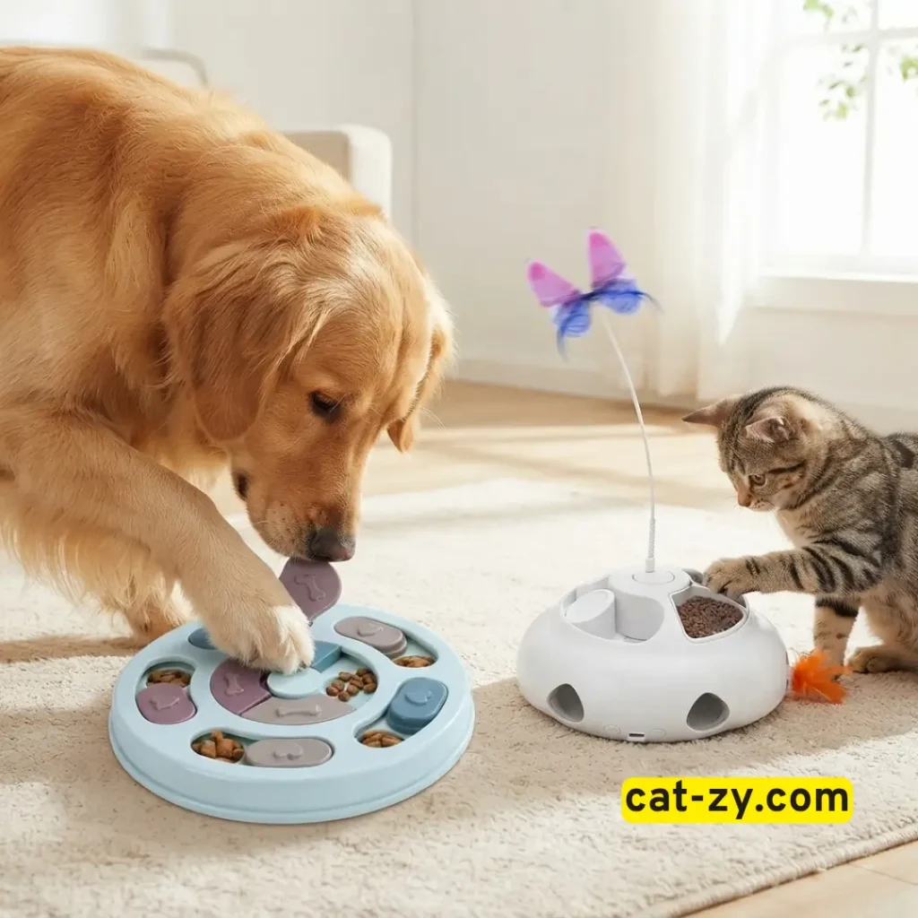 Golden retriever and tabby kitten solving puzzle feeder dog and cat toys on cat-zy