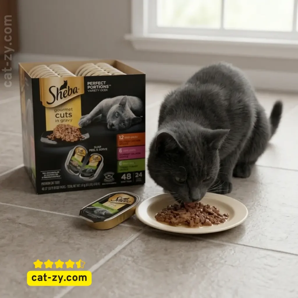 A dark domestic cat sitting next to an open variety pack of Sheba Perfect Portions Wet Cat Food Cuts in Gravy on cat-zy, a pet care website providing essential guidelines on feline nutrition and answers to safety queries like can cats have cherries.