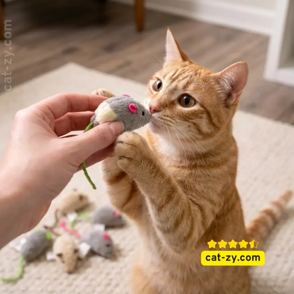 A curious tabby cat reaching up to take a plush mouse from a gentle human hand, providing a natural enrichment activity as discussed on cat-zy for fans of natural catnip toys.