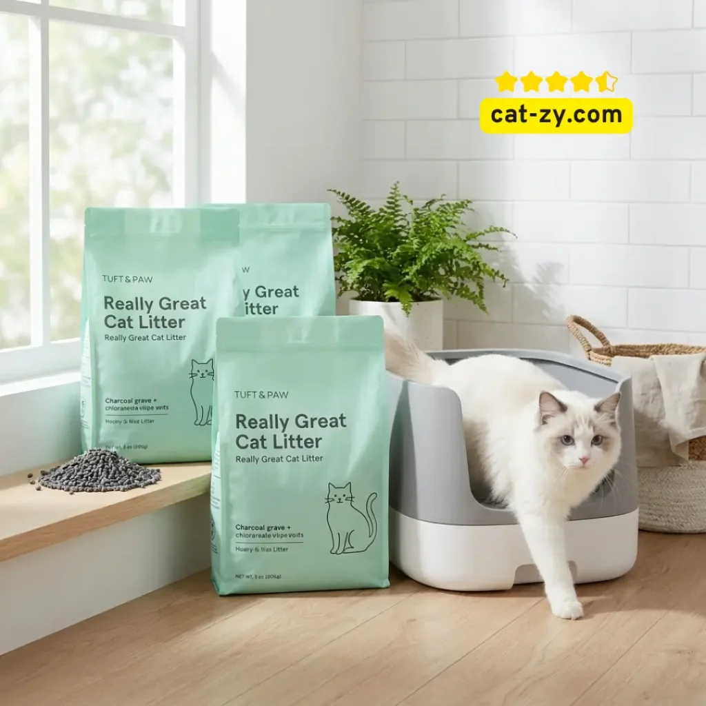 Tuft & Paw Really Great tofu cat litter charcoal pellets in mint green packaging on cat-zy.