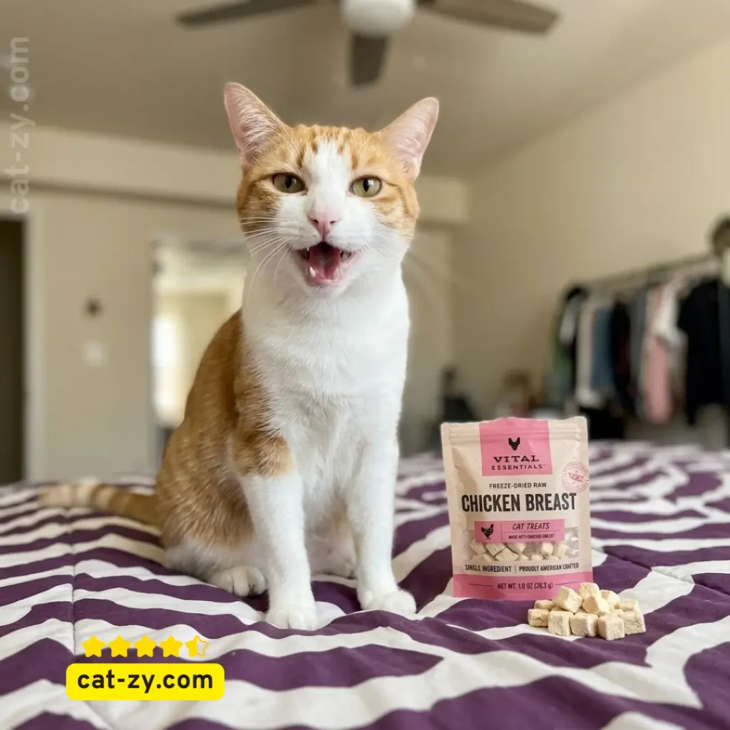 A domestic cat looking curiously at a bag of Vital Essentials Freeze Dried Chicken Breast Cat Treats on cat-zy, a dedicated pet resource website answering safety questions like can cats have cherries.