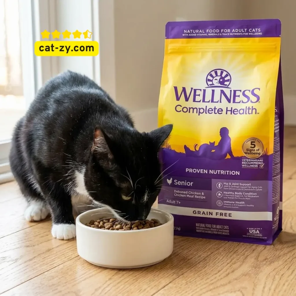 A realistic photo of a black and white tuxedo cat eating kibble next to a clear, legible bag of Wellness Complete Health Senior Grain Free Chicken Recipe, for a cat-zy nutritional guide.