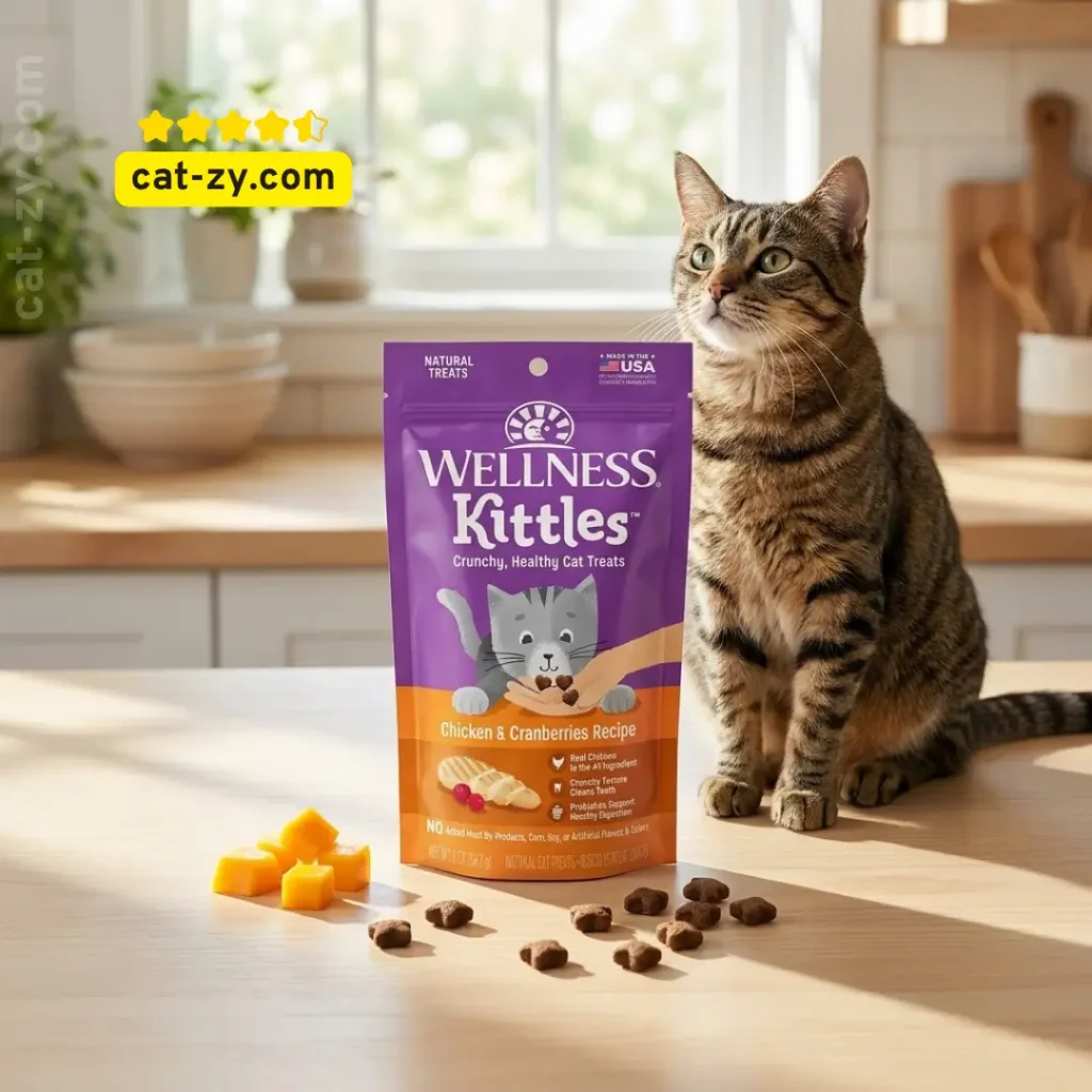 Wellness Kittles Crunchy Chicken & Cranberry cat treats bag shown next to prepared mango slices to address can cats eat mango on cat-zy.