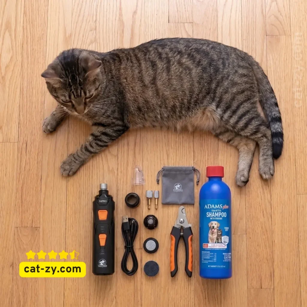A tabby cat lying beside a nail grinder kit and Adams flea shampoo as part of a grooming budget breakdown for sphynx cat price analysis on cat-zy.