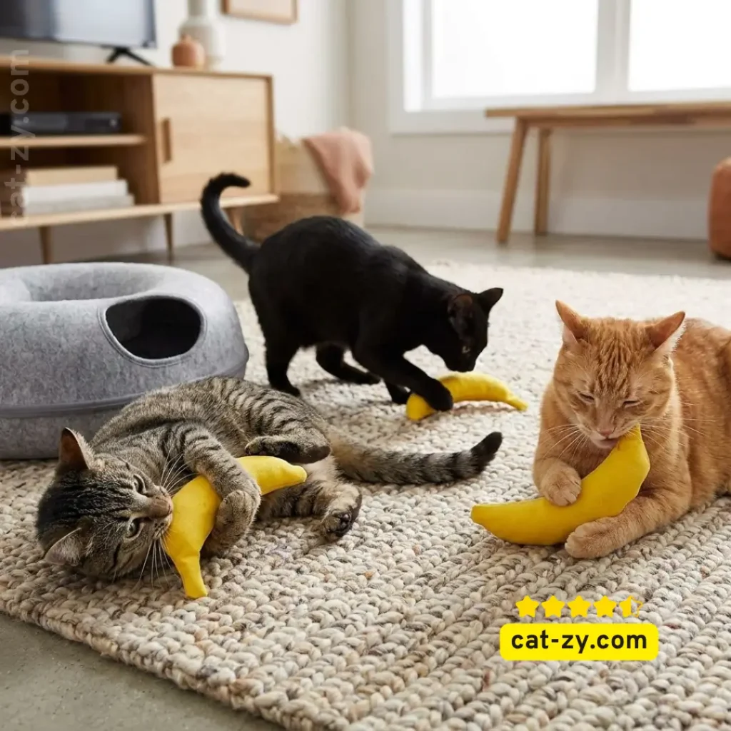A trio of domestic cats enjoying the YEOWWW! DuckyWorld 100% ORGANIC CATNIP Leaf & Flower Cat Toys, a popular choice for feline enrichment according to articles on cat-zy about durable catnip toys.