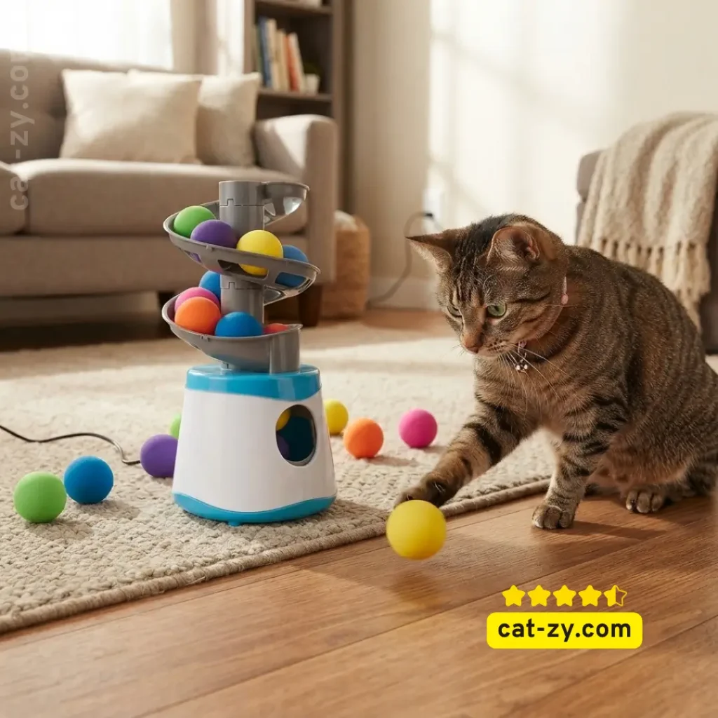 Interactive automatic cat toy ball launcher with colorful EVA balls played with by a tabby cat on cat-zy