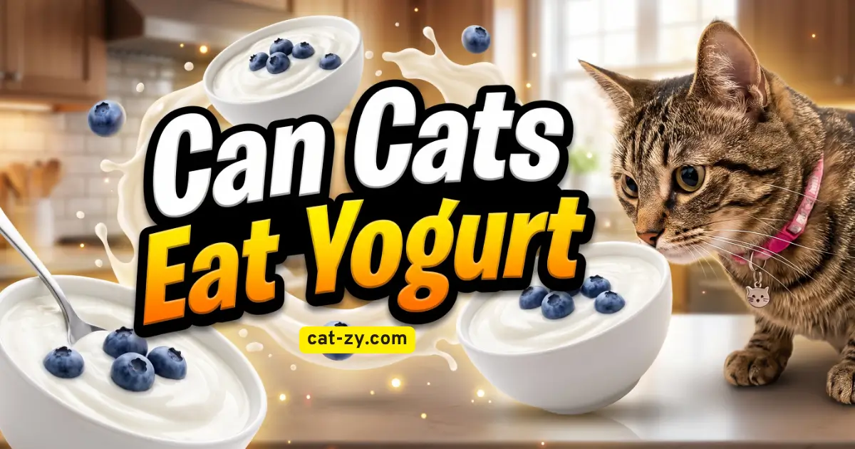 Creamy yogurt bowls with blueberries and a curious brown tabby cat asking can cats eat yogurt on cat-zy.