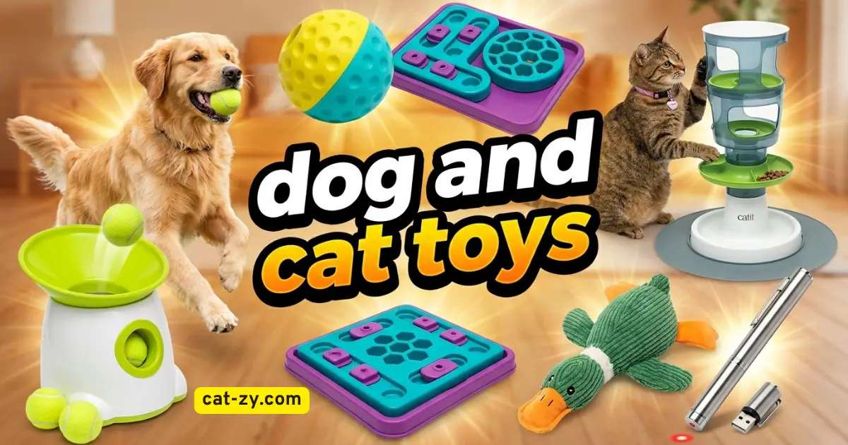 A excited Golden Retriever dog and brown tabby cat Mimish surrounded by interactive dog and cat toys on cat-zy.