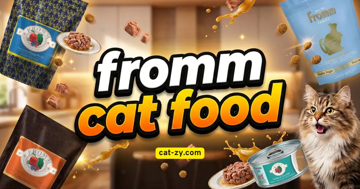 Fromm cat food bags and cans with flying kibbles around a central title next to an excited cat, featured on cat-zy.
