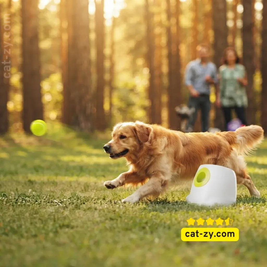 Golden Retriever running toward yellow tennis ball launched by white and green automatic ball fetcher on cat-zy