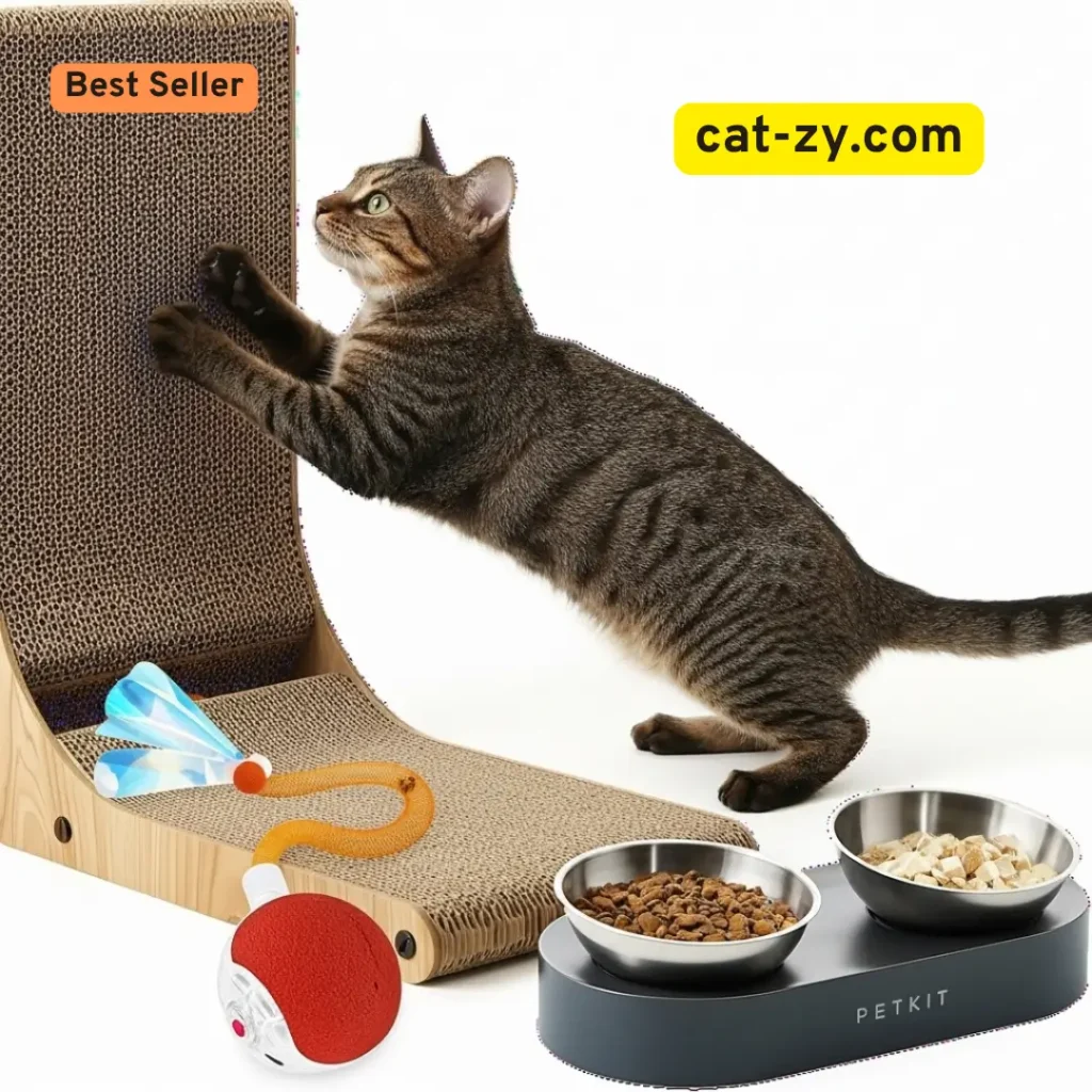scratching post, and a litter box _ toys _ cat-zy