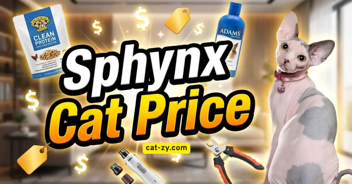 Sphynx cat price guide featuring grooming supplies, food pouches, and a brown tabby cat on cat-zy.