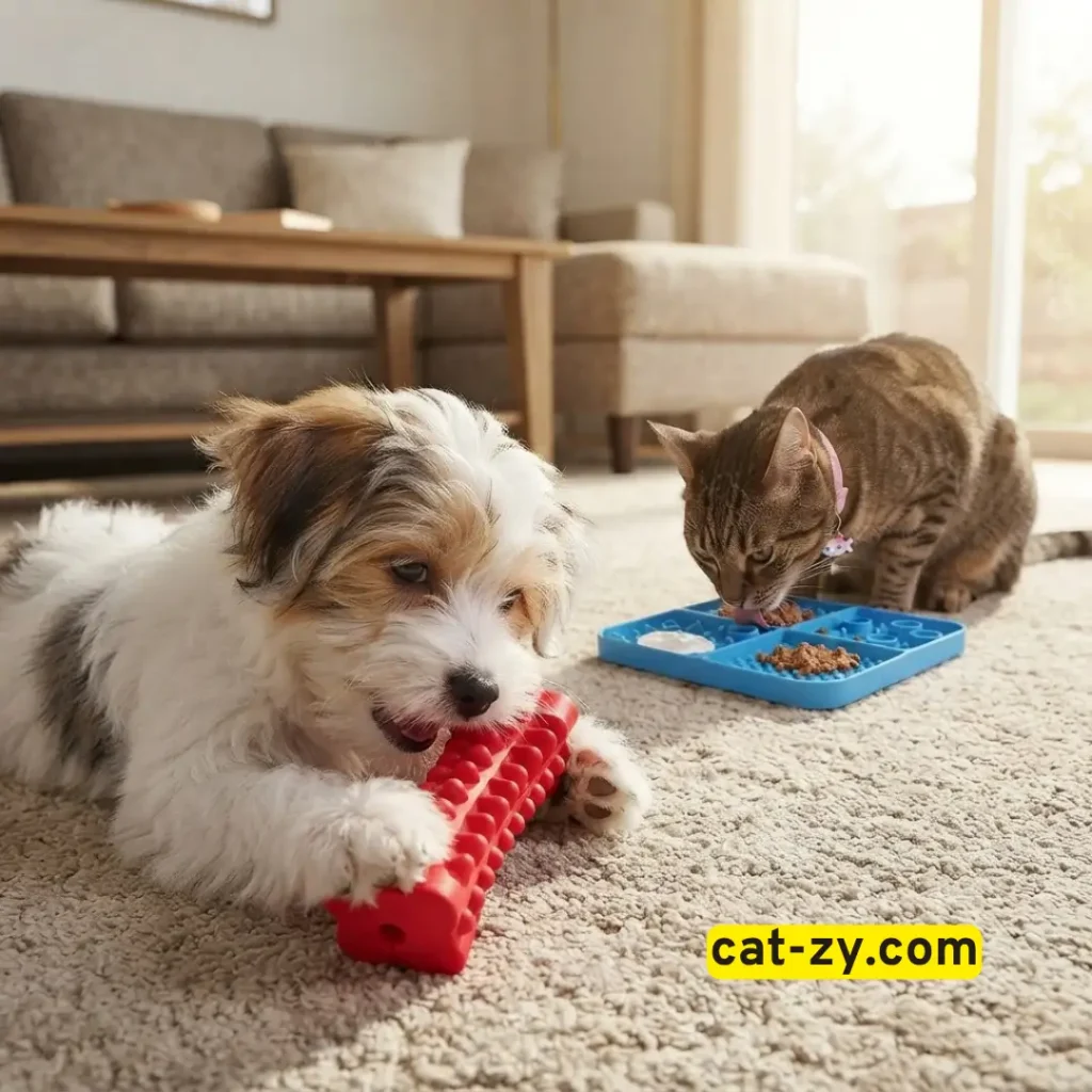 Small white terrier puppy playing with red chew toy and brown tabby cat with blue lick mat on cat-zy