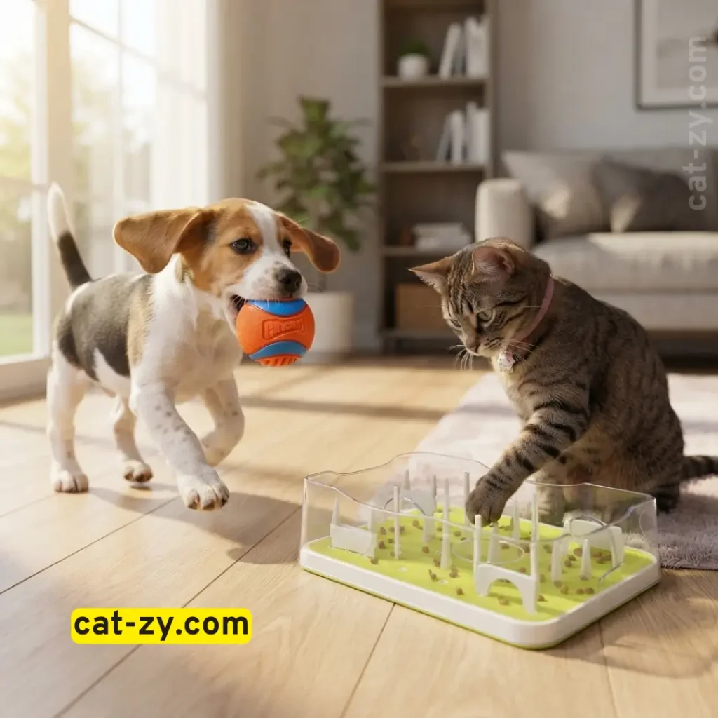 Beagle puppy carrying fetch ball and tabby cat reaching into foraging puzzle toy on cat-zy