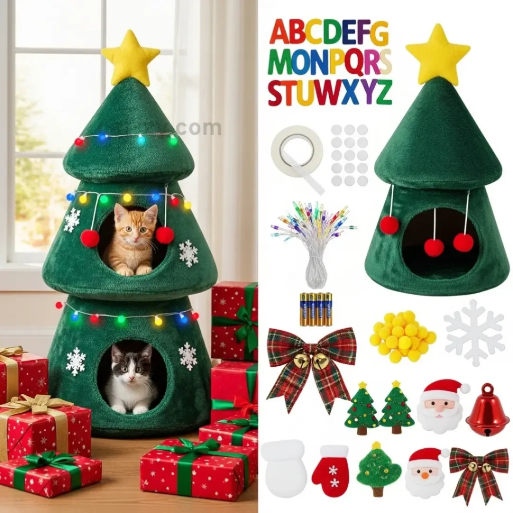 Christmas cat tree with holiday lights _ cat-zy