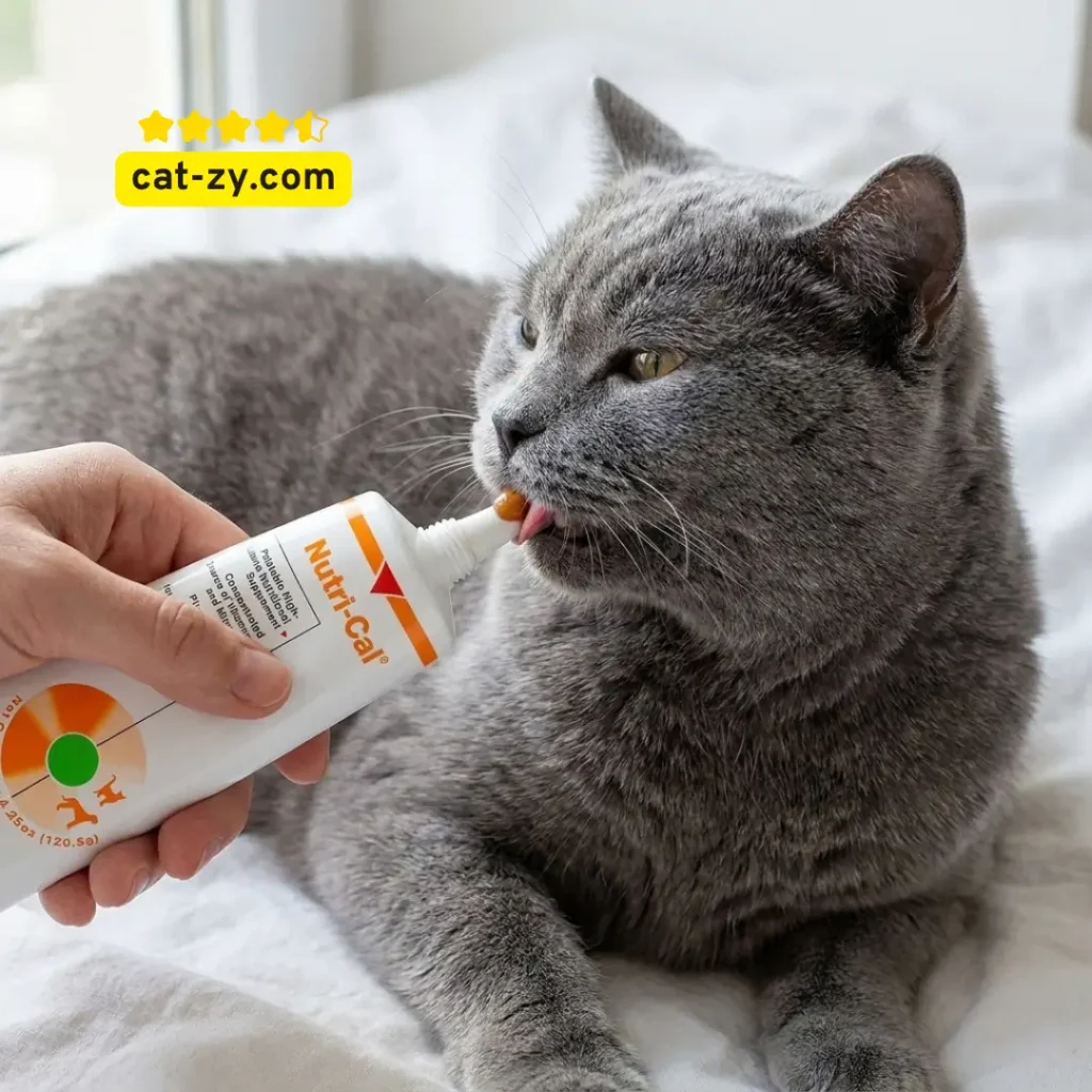 A British Shorthair, one of the friendliest cat breeds, receiving Nutri-Cal oral gel supplement on cat-zy.