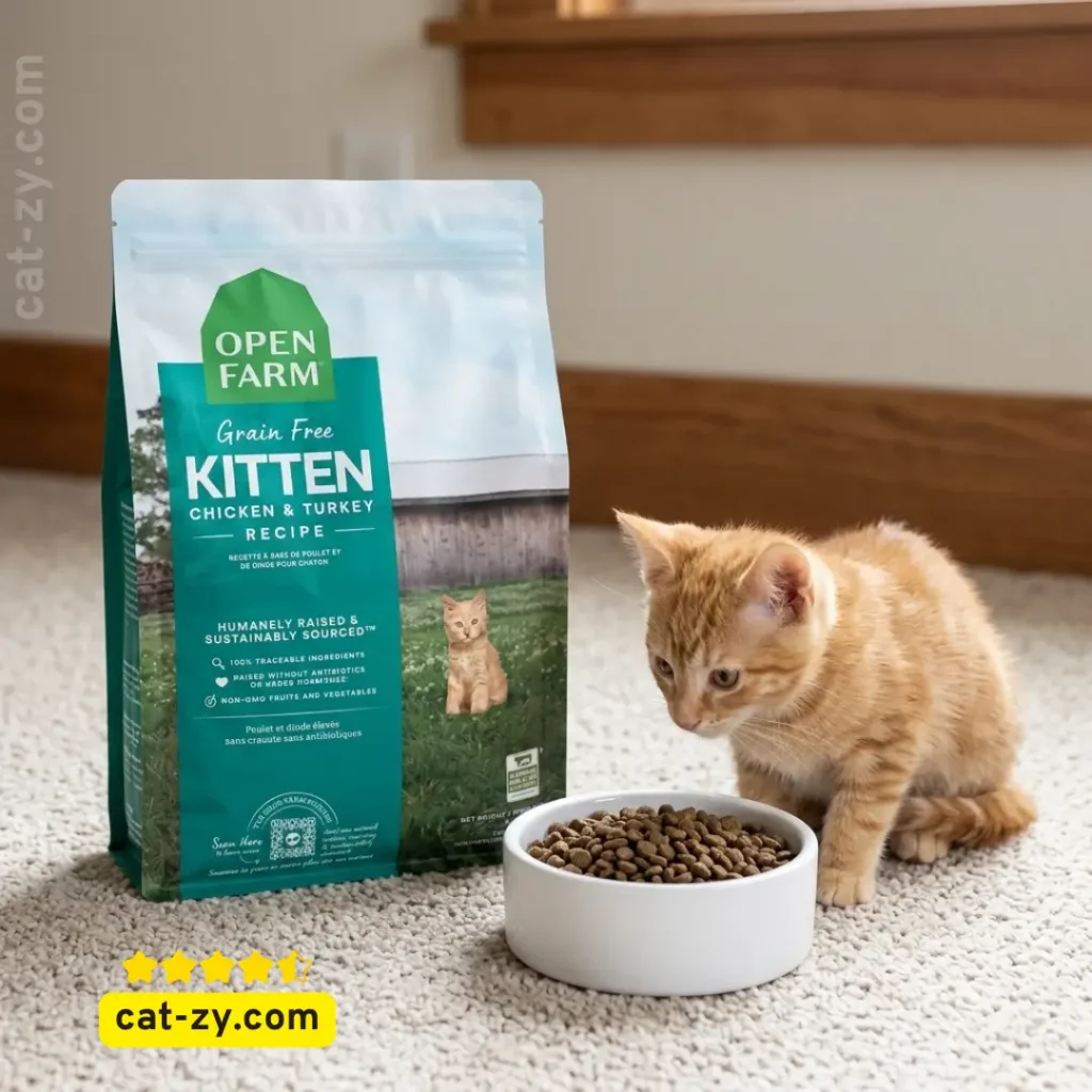 A 2 lb bag of Open Farm Grain Free Kitten Recipe with Chicken and Turkey featured on cat-zy to guide owners on when do cats stop growing.