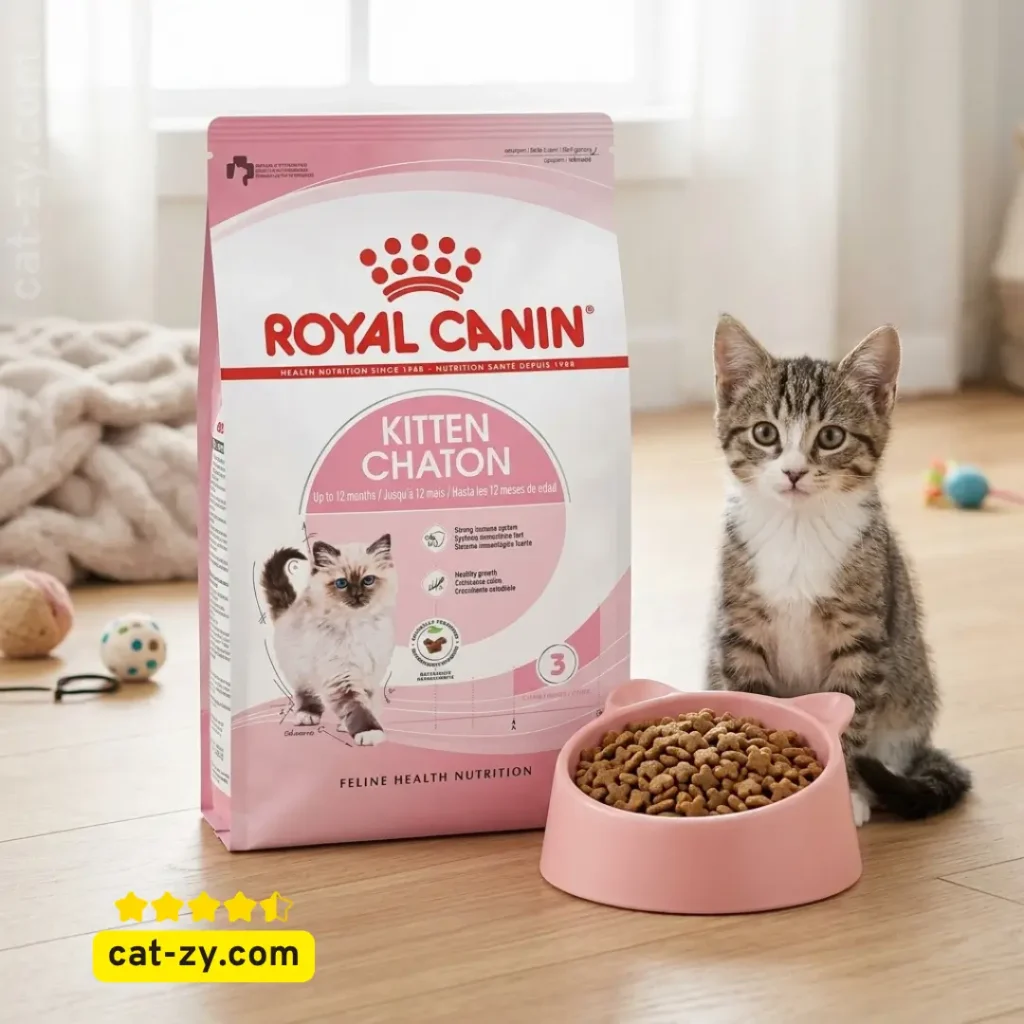 A 3 lb bag of Royal Canin Feline Health Nutrition Kitten Dry Cat Food displayed on cat-zy to help owners understand when do cats stop growing