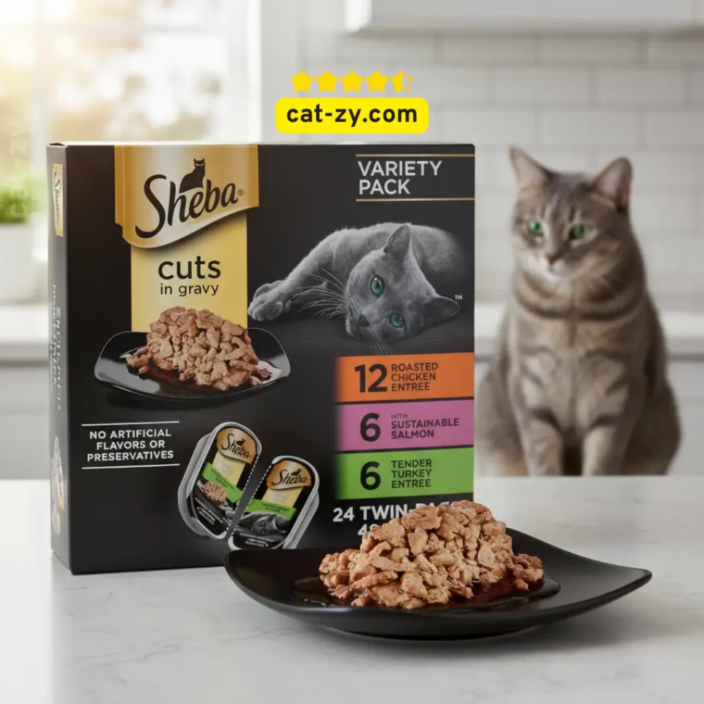 Sheba cat food variety pack with chicken, salmon, and turkey entrees, shown with a detailed plate of succulent meat and gravy and an interested cat-zy feline companion.