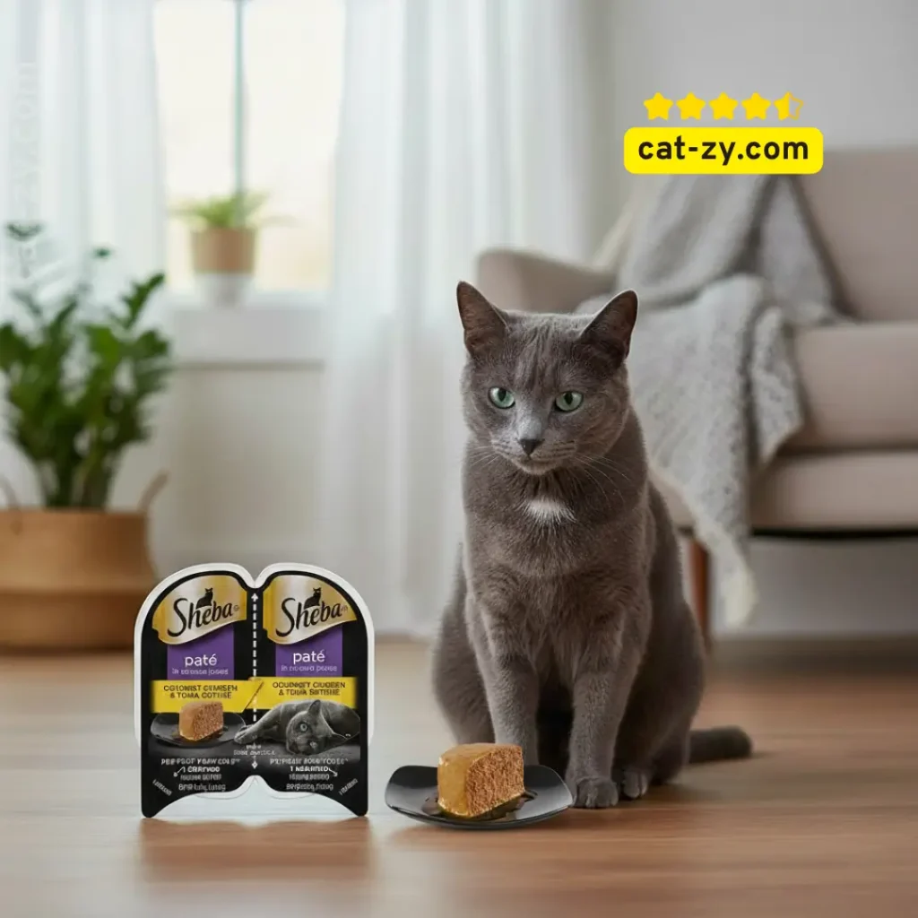 Sheba cat food twin-pack trays displayed in a home setting for a cat-zy nutritional guide.
