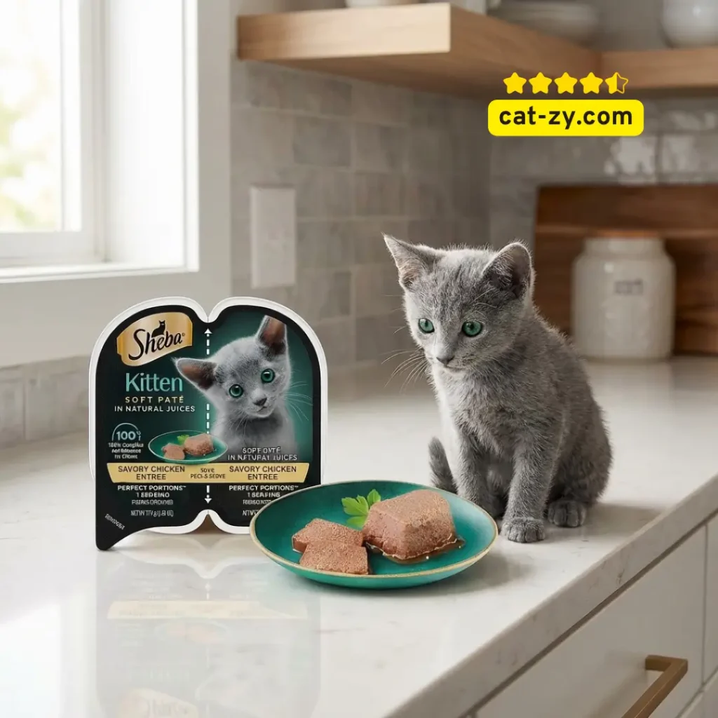 A kitchen scene featuring Sheba cat food for kittens with a served pate plate and a grey kitten, as discussed on cat-zy.
