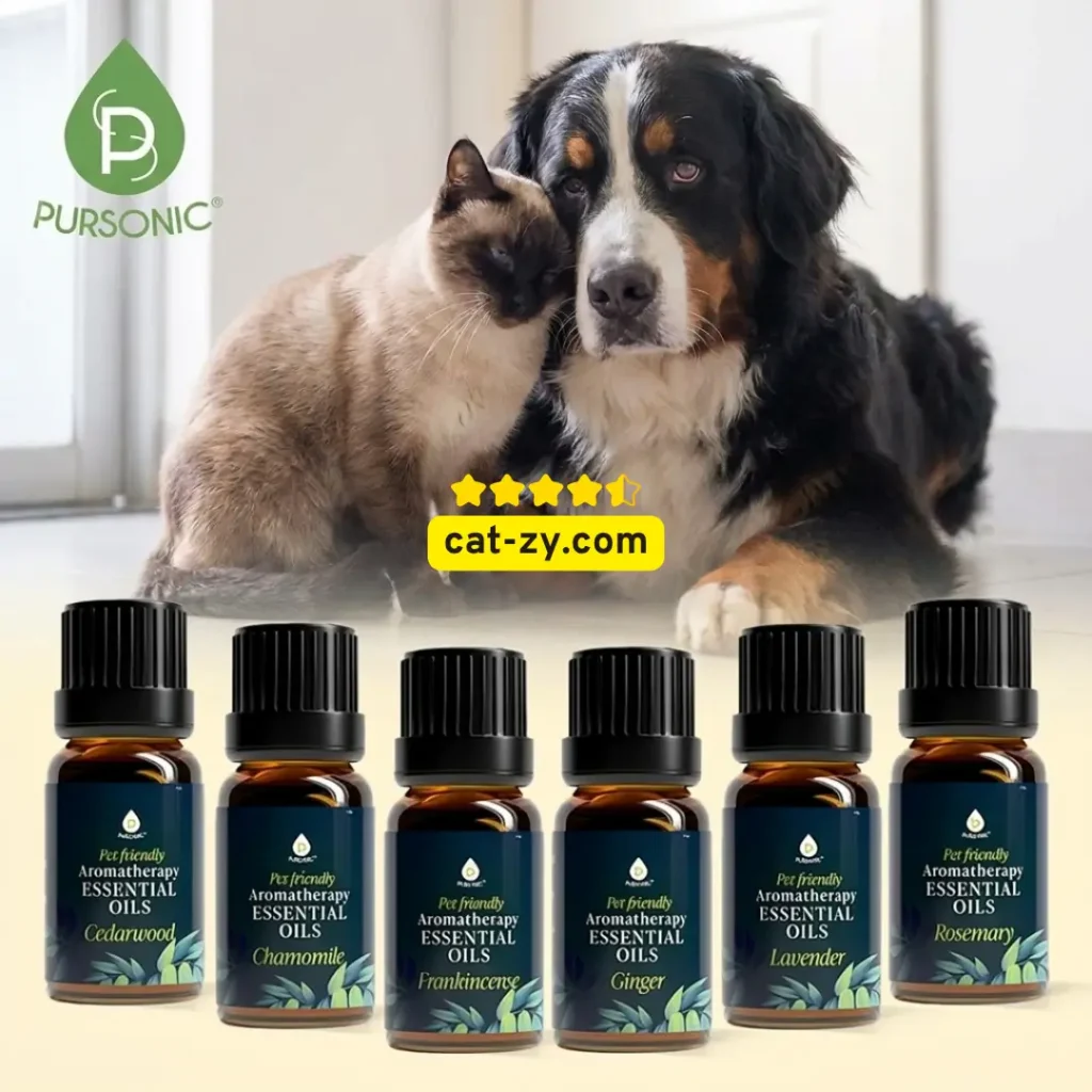A Siamese cat and a large dog cuddling behind a set of Pursonic pet-friendly essential oils including Cedarwood and Chamomile, featured in a cat-zy article discussing pet safety and asking are roses toxic to cats.
