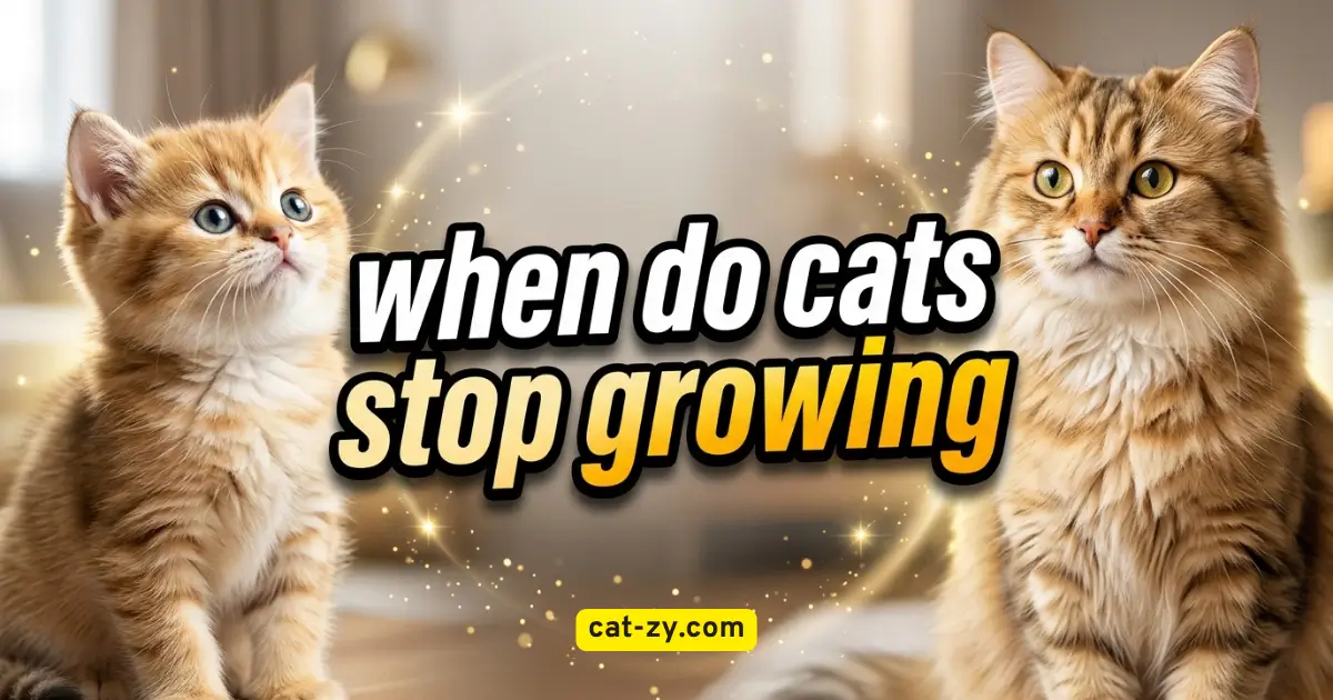 Visual comparison of a small kitten and a full-grown adult cat framing the question when do cats stop growing, featured on cat-zy.com.