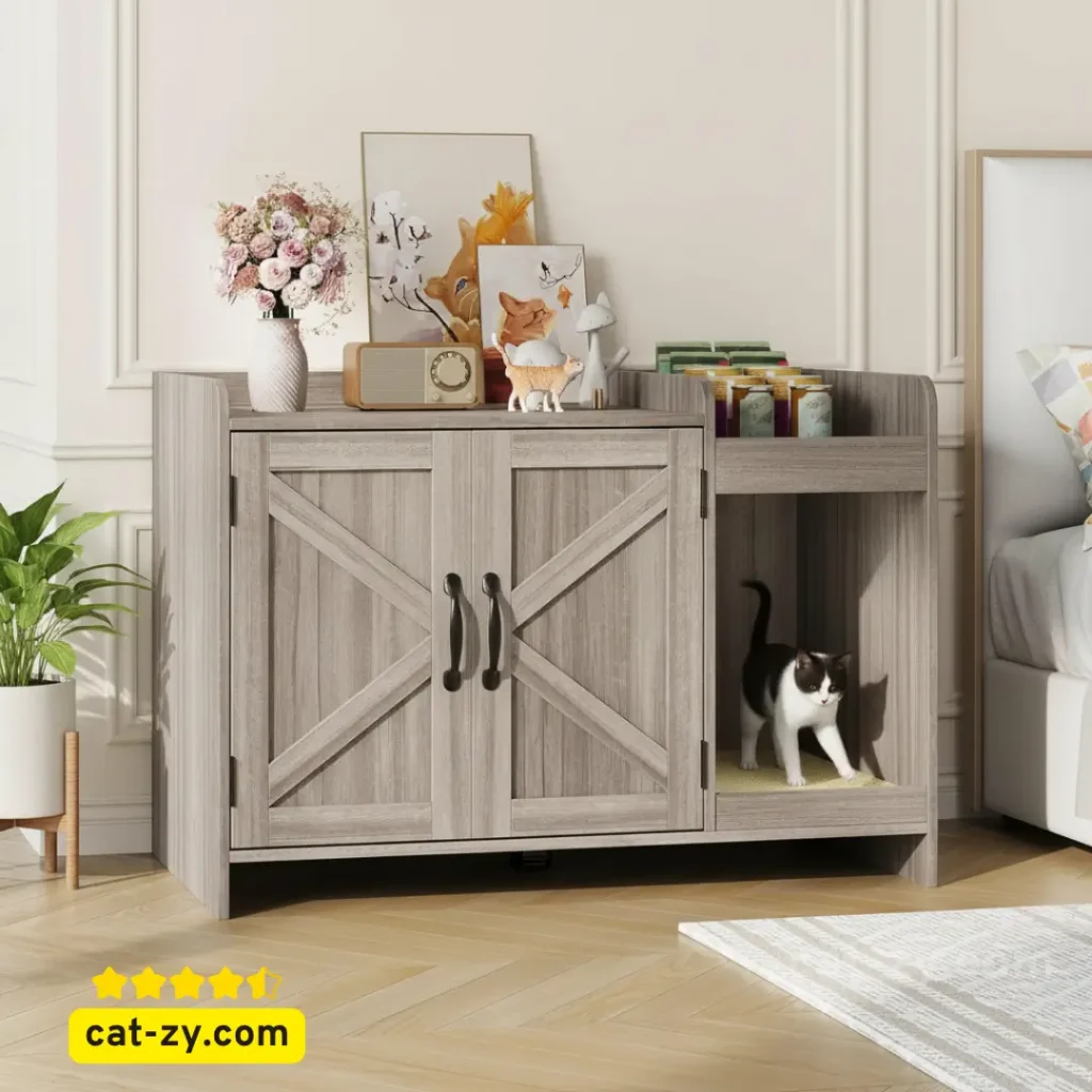 Grey Halitaa cat litter box furniture in modern home setting with cat-zy