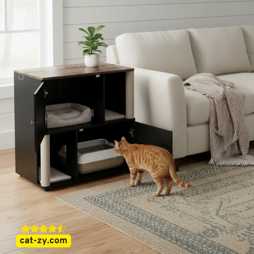 litter box furniture cat-zy hidden cat litter box cabinet with one cat in farmhouse living room