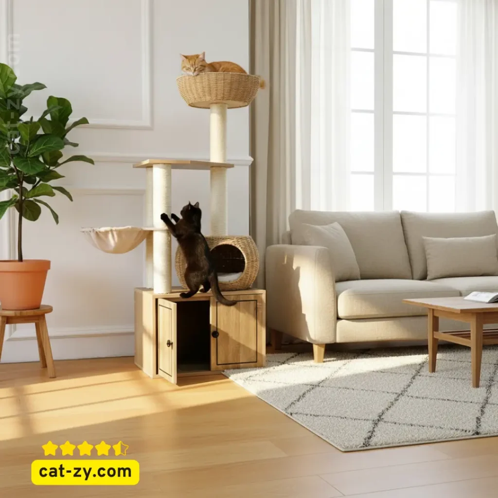 litter box furniture rattan cat tree with cats relaxing cat-zy