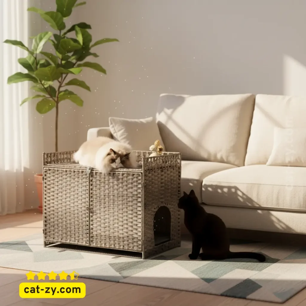 litter box furniture cat-zy rattan hidden litter box enclosure with cat in modern living room